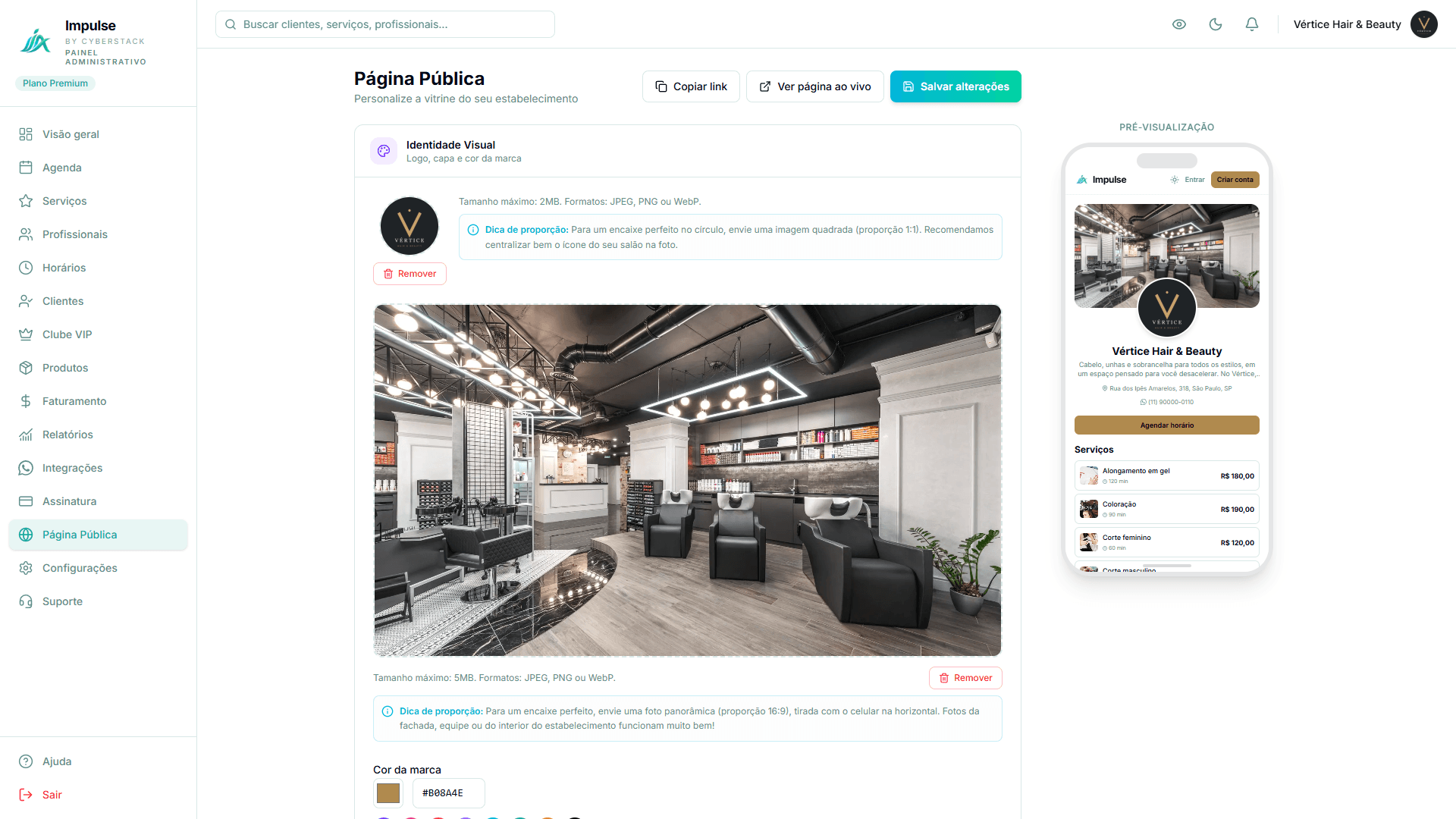 Configuração da página pública no Impulse com prévia mobile da Barbearia São Jorge